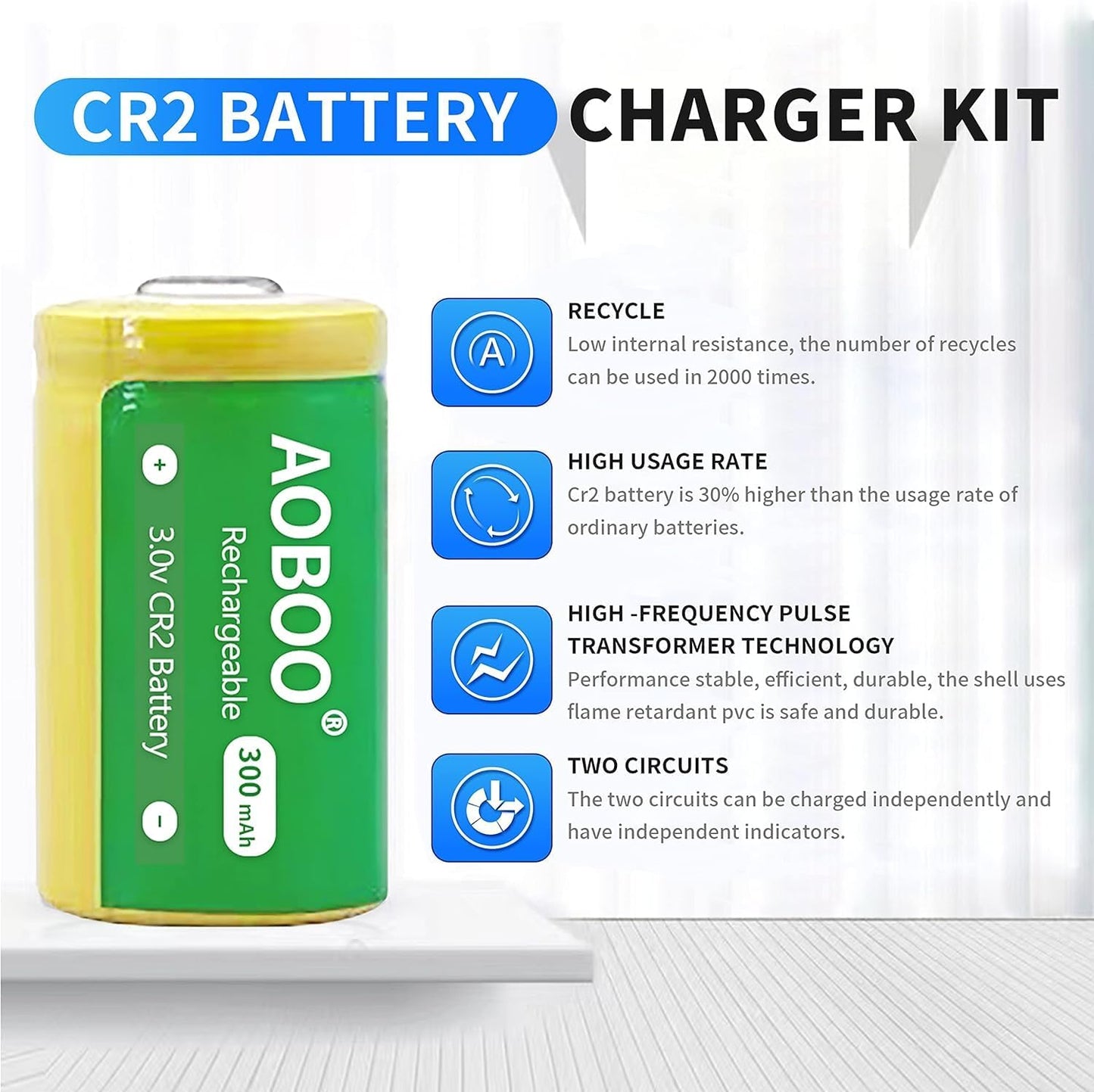 AOBOO Cr2 3V 4pcs 300mah, Rechargeable Batteries Compatible with Switching Robots, Rangefinders, Door Sensors, Film