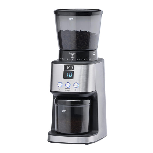 TRU Conical Burr Grinder - Precision Coffee Bean Grinder with 30 Grind Settings - Adjustable Grind Time & Digital Countdown - 9 oz Bean Hopper for Espresso & Drip Coffee