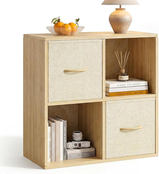 EXPERLAM 4 Cube Storage Organizer - Solid Wood Bookshelf with 2 Storage Bins, Cube Shelf with 2 Removable Back Panels, Vertical or Horizontal Bookcase, Open Book Shelf for Bedroom, Living Room, Office