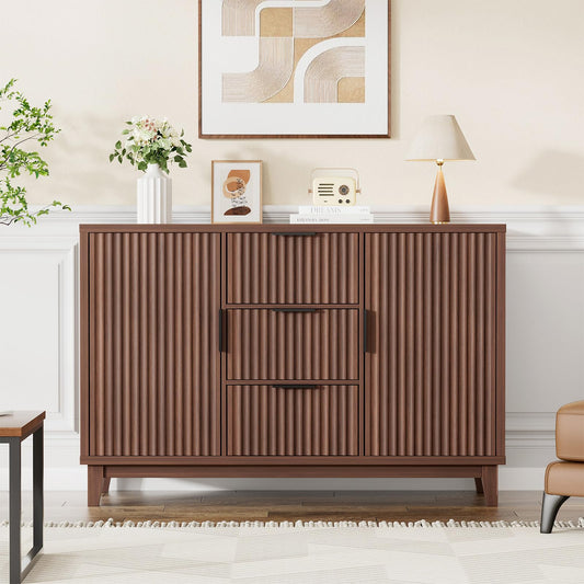 47.2" W Storage Cabinet with 3 Drawers, Fluted Buffet Cabinet with Storage, Large Sideboard with 2 Door, Modern Mid Century TV Stand Coffee Bar Cabinets for Living Room, Kitchen, Entryway