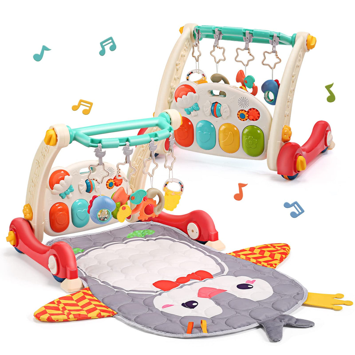 CUTE STONE Baby Play Gym & Learning Walker, Baby Play Mat with Play Piano, Musical Activity Center with Lights, Baby Push Walkers & Thin Playtime Mat for Infant Newborn Toddlers
