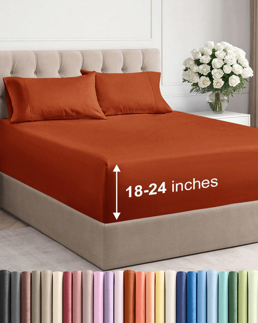 Skiennix Extra Deep Twin Sheet Set - 4-Piece Breathable Cooling Bedding - Soft Wrinkle-Free Terracotta