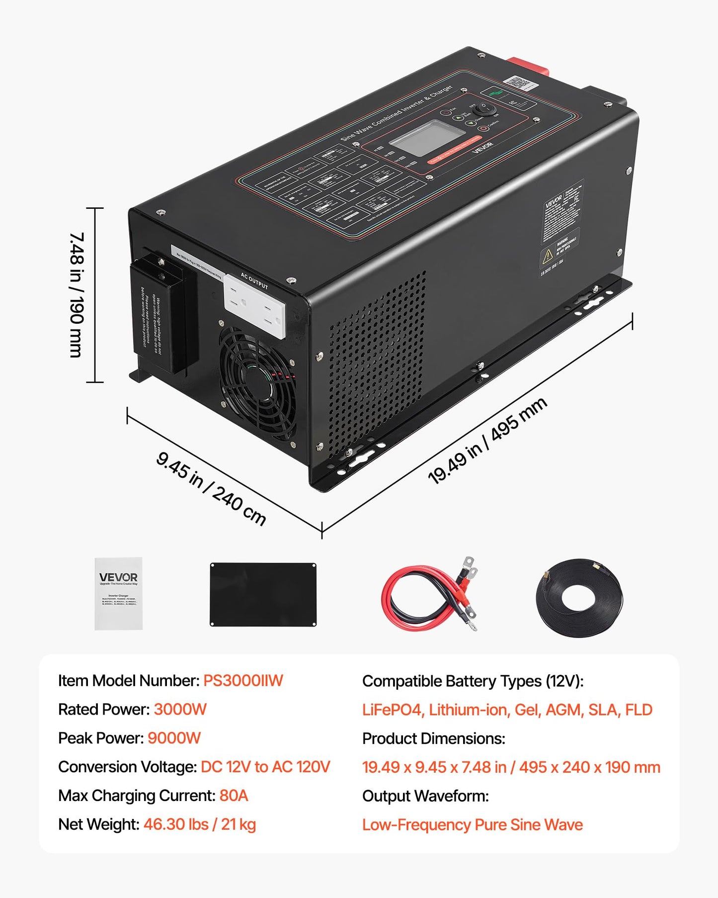VEVOR Pure Sine Wave Inverter Charger, 3000W, DC 12V to AC 120V Power Inverter with LCD Display, Remote Control, Low Frequency, for RV Camper Home, Compatible with 12V LiFePO4 and Lithium Batteries