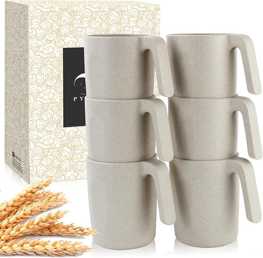 PYRMONT Wheat Straw Cups Set of 6 Alternative Plastic Cups 16 Oz Reusable Cups Dishwasher & Microwave Safe Cups for Kitchen,Party,RV Travel Unbreakable Water Cups-Beige