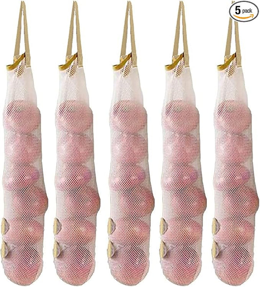 Ahyuan Hanging Mesh Storage Bags 5 Pack Onion Garlic Potatoes Net Mesh Bag Long and Large Reusable Net Produce Bags for Fruit Veggies Garbage Bag for Home RV Camper