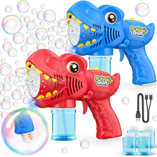 2Pcs Bubble Machine Gun Kids Toys Bubble Maker with 1800mAh Rechargeable Battery 4 Solutions Bubbles for Kids 4-8 Toddlers 1-3 Easter Basket Stuffers Dino Outdoor Toy Valentine Boy Girl