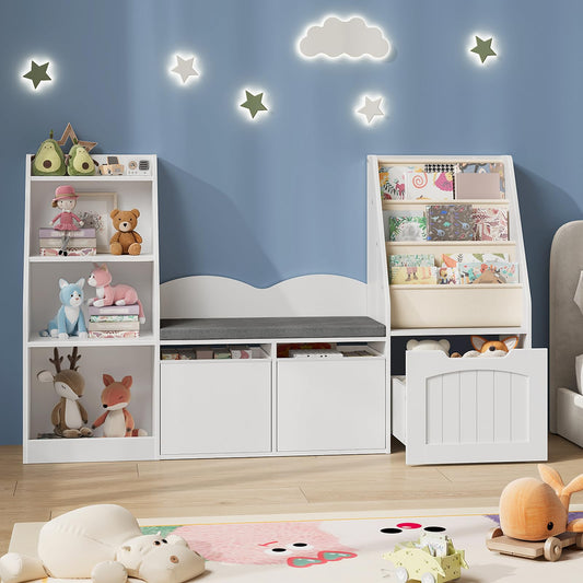 CHOEZON 53.1" Kids Bookshelf with Reading Nook, 4-in-1 Children's Bookcase with Soft Bench, Mobile Drawer & Fabric Bins, Storage Shelves, Bookshelf for Kids, White MCW18WB