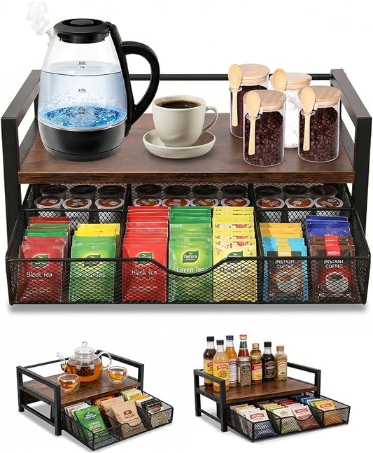 Wooden Tea Bag Organizer with Drawer, 6 Compartments, Large Capacity 13.39" x 9.65" Rustic Brown Tea Station Storage Chest for Countertop, Kitchen, Coffee Bar & Office