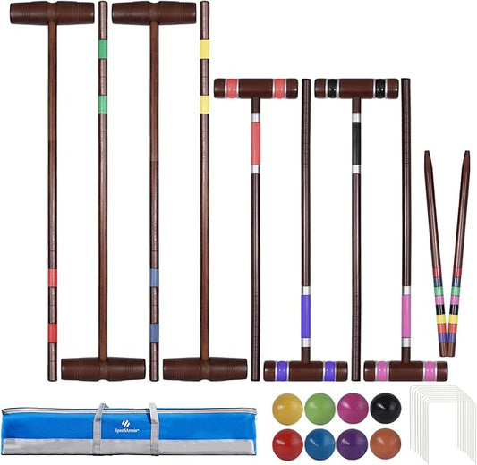 Deluxe 8 Players Croquet Set with 32In Regulation | 28In Standard Size Rubber Wood Mallets, Colored PE Ball, Wickets, 21In End Stakes - Lawn Backyard Game for Teens/Adults/Family