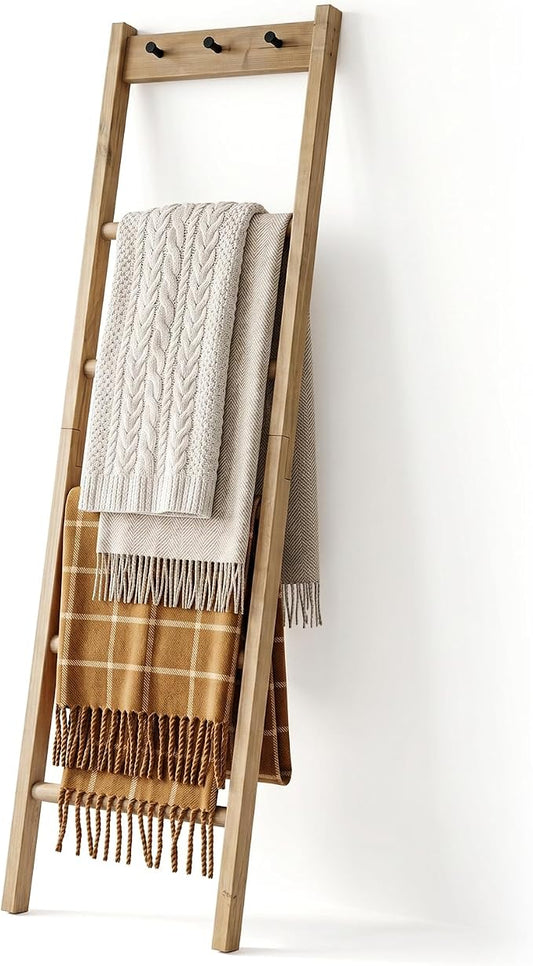 Wooden Blanket Ladder - Natural & Motley Wood - Leaning Wall Decor for Bedroom, Bathroom, Living Room - Rustic Quilt Holder & Towel Rack (Natural Wood Color + Hook, 76in（5-Tier）)