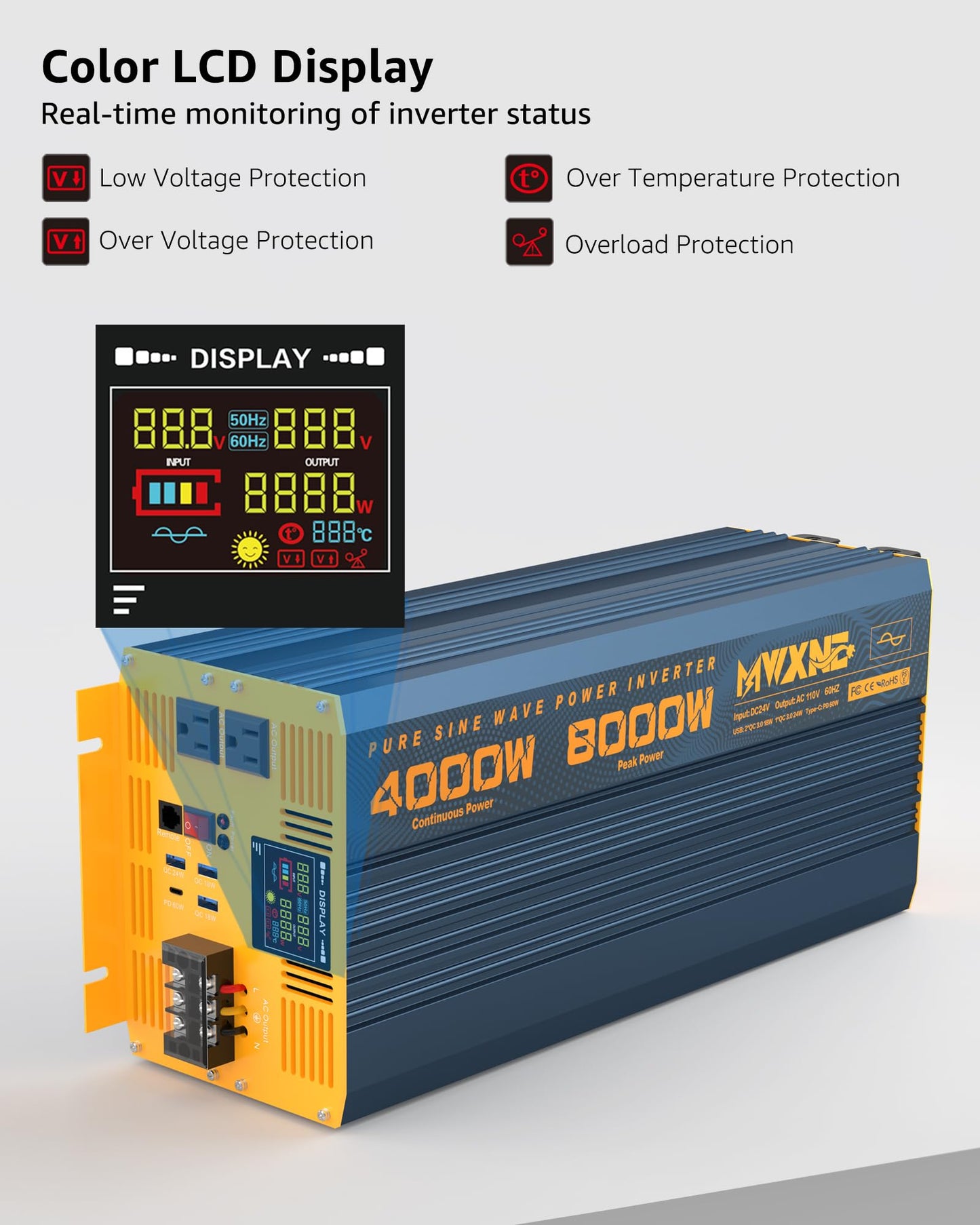 MWXNE 4000W Pure Sine Wave Power Inverter DC 48V to AC 110V 120V for Home RV with Dual AC Outlets 1 USB-C(60W) 3 USB-QC3.0 Fast Car Charger Adapter, LCD Display and Remote Control