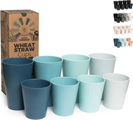 Grow Forward Premium Wheat Straw Cups - 13 & 20 oz Unbreakable BPA Free Hard Plastic Cups - Reusable Lightweight Plastic Drinking Glasses for Kitchen, Outdoor, Water, Camping, RV - Seascape