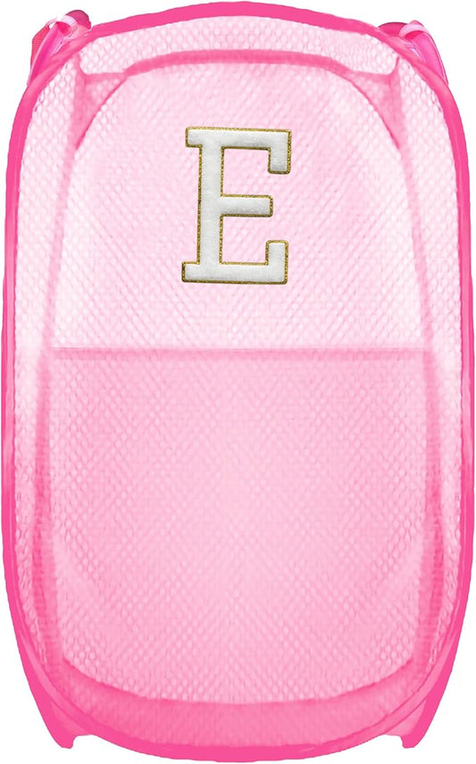 Collapsible Pop Up Laundry Hamper, Extra Large with Removable Initial Letter E, Mesh Foldable Laundry Basket, 28" x 16" x 16" (Pink)