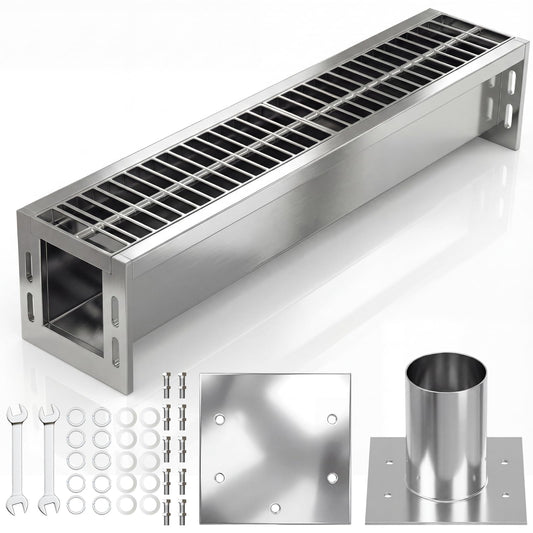 304 Stainless Steel Channel Drain Kit, 39.4x6.1x5.9inTrench Drainage System with Galvanized Steel Grate, Heavy Duty Channel Drain Kit for 2.3" Pipe, Outdoor for Driveway, Garage and Yard