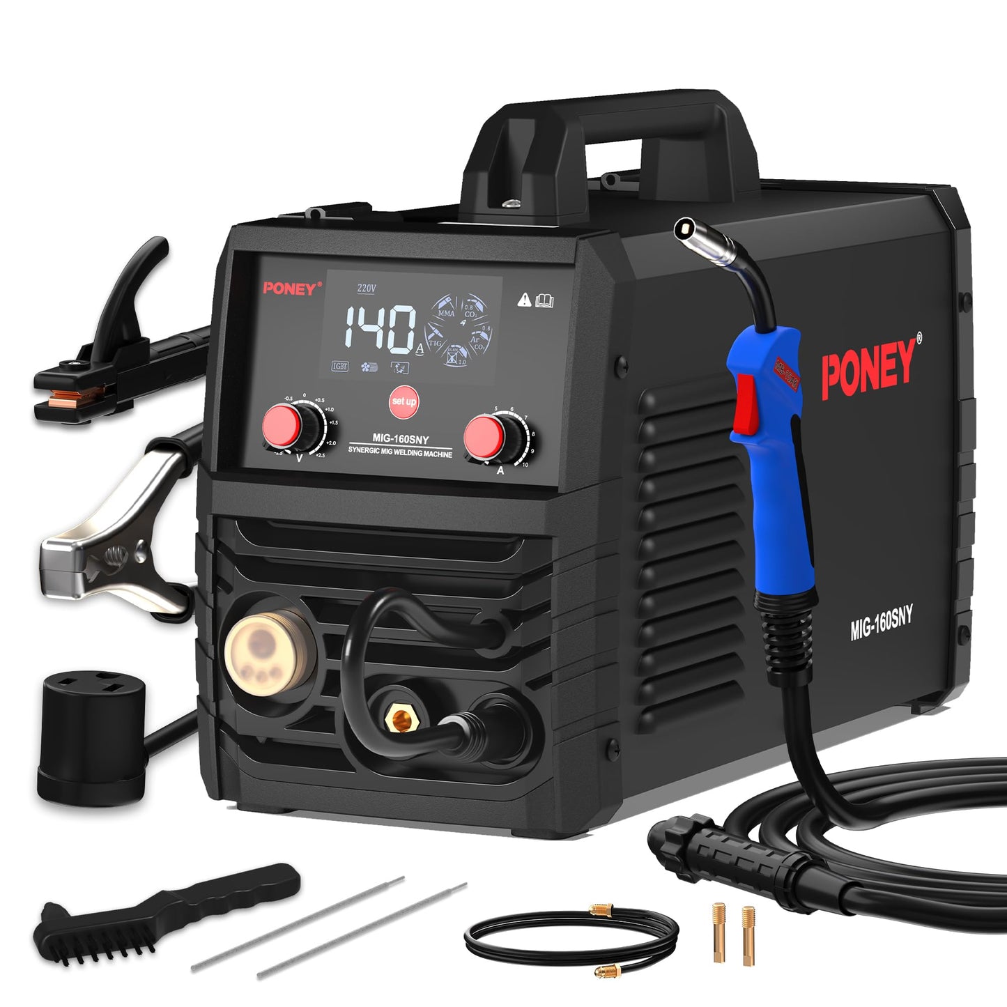 PONEY 140A MIG Welder 110V/220V Dual Voltage - 5 in 1 Portable Gasless MIG/MAG/FLUX/TIG/MMA Welding Machine with Synergic Control, IGBT Inverter & LED Display