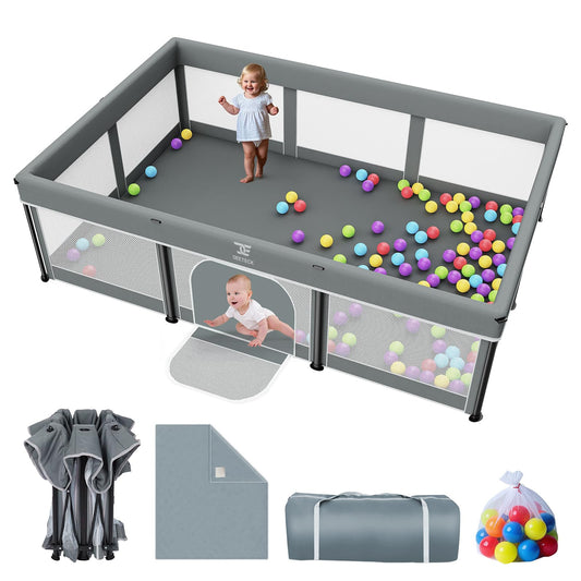 Foldable Baby Playpen with Mat - 74"X50" Large Play Yard for Babies and Toddlers - Indoor & Outdoor Portable Playpen with Storage Bag & 30 Ocean Ball - Baby Fence with Visible Mesh & Zipper Door,Grey