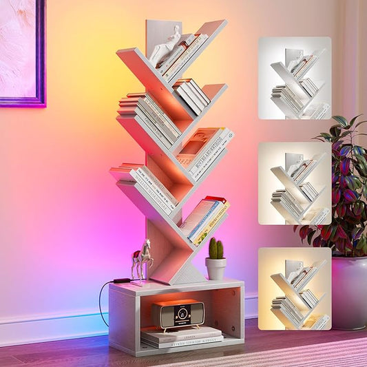 Evermagin 6 Tier Tree Bookshelf with Lights, LED Book Tree Bookcase with Storage Organizer, Small Corner Bookshelf Floor Standing Book Shelf for Living Room, Bedroom & Home Office, White