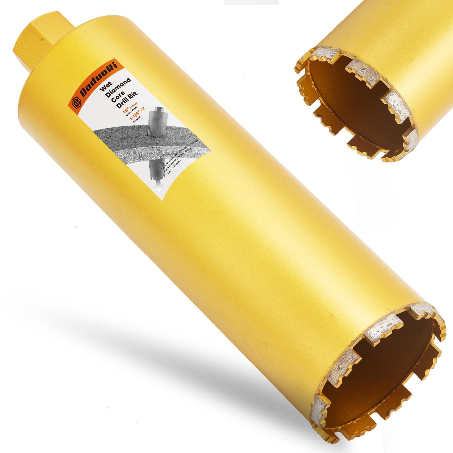DaduoRi 6 Inch Wet Core Drill Bit, 6" Diameter x 14" Depth,1-1/4"-7 Thread, High-Performance Diamond Core Bits for Reinforced Concrete with Rebar, Masonry, Brick Block,Cement, Stucco, Stone (152mm)