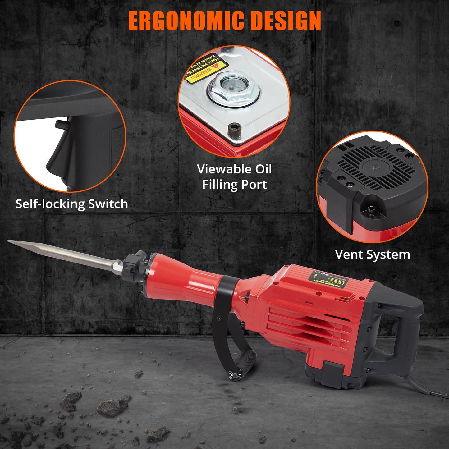 GAOMON 3600W Demolition Electric Jack Hammer with 2pcs Chisels Bit Set, Concrete Breaker Tool Kit Heavy Duty Power Hammer