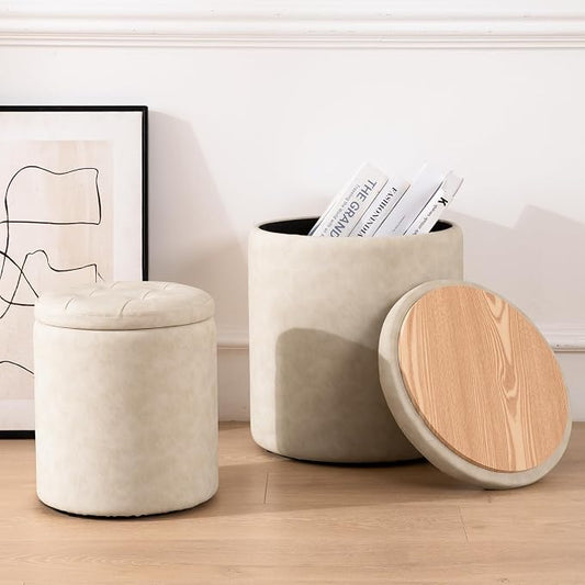 oakvivo Faux Leather Round Ottoman with Storage 12.6" W x 14.17" H & 14.76" W x 17.32" H Set of 2, Small Boucle Coffee Table Footstool with Removable Lid for Living Room, Bedroom, Beige
