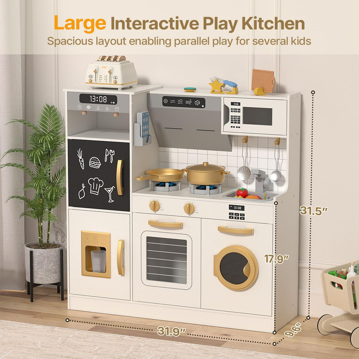 BIERUM Play Kitchen - Kids Kitchen Playset with Realistic Lights & Sounds, 28 Pcs Toy Food & Cookware Accessories, Plenty of Play Features, Idea Gift for Boys and Girls Ages 3+