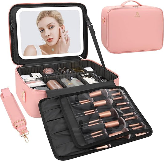 Chomeiu Makeup Bag with LED Mirror, Large Train Case for Makeup Artists, 16.2 inches Travel Professional Cosmetic Organizer with Light Up Mirror, 3 Color Lights, Brush Holder & Shoulder Strap (Pink)