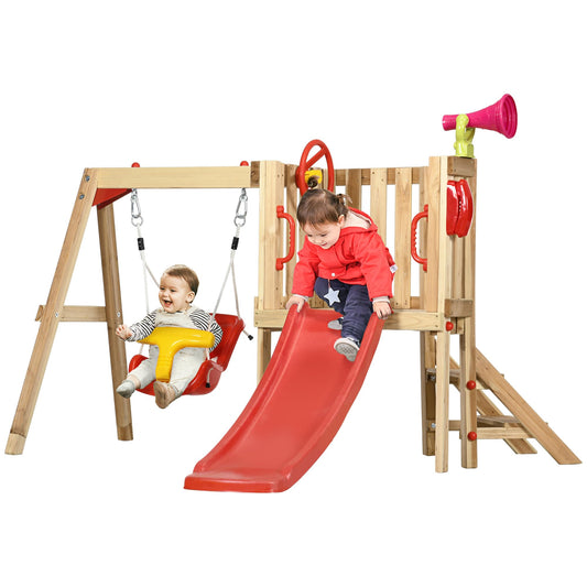 Outsunny Swing Set for Backyard, Wooden Toddler Outdoor Playset with Baby Swing Seat, Kids Slide, Fort, Playground Equipment with Captain's Wheel, Telescope for Ages 1.5-4, Red