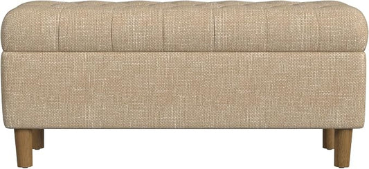 Homepop Home Decor | Tufted Ainsley Button Storage Ottoman Bench with Hinged Lid | Ottoman Bench with Storage for Living Room & Bedroom, Light Tan Textured Solid