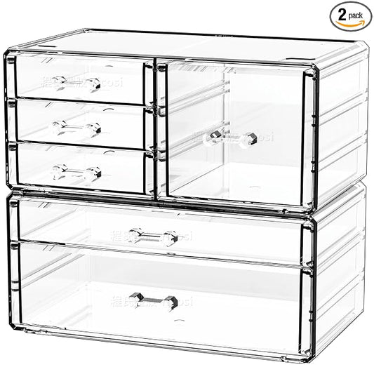 Cq acrylic 2 Pack Clear Desk Organizer With Drawers,Stackable 6 Drawers Skincare Organizer,Cute Skin Care Organizers for Vanity Hair Clip,Jewelry,Beauty Product Desk and Makeup Organizers Countertop