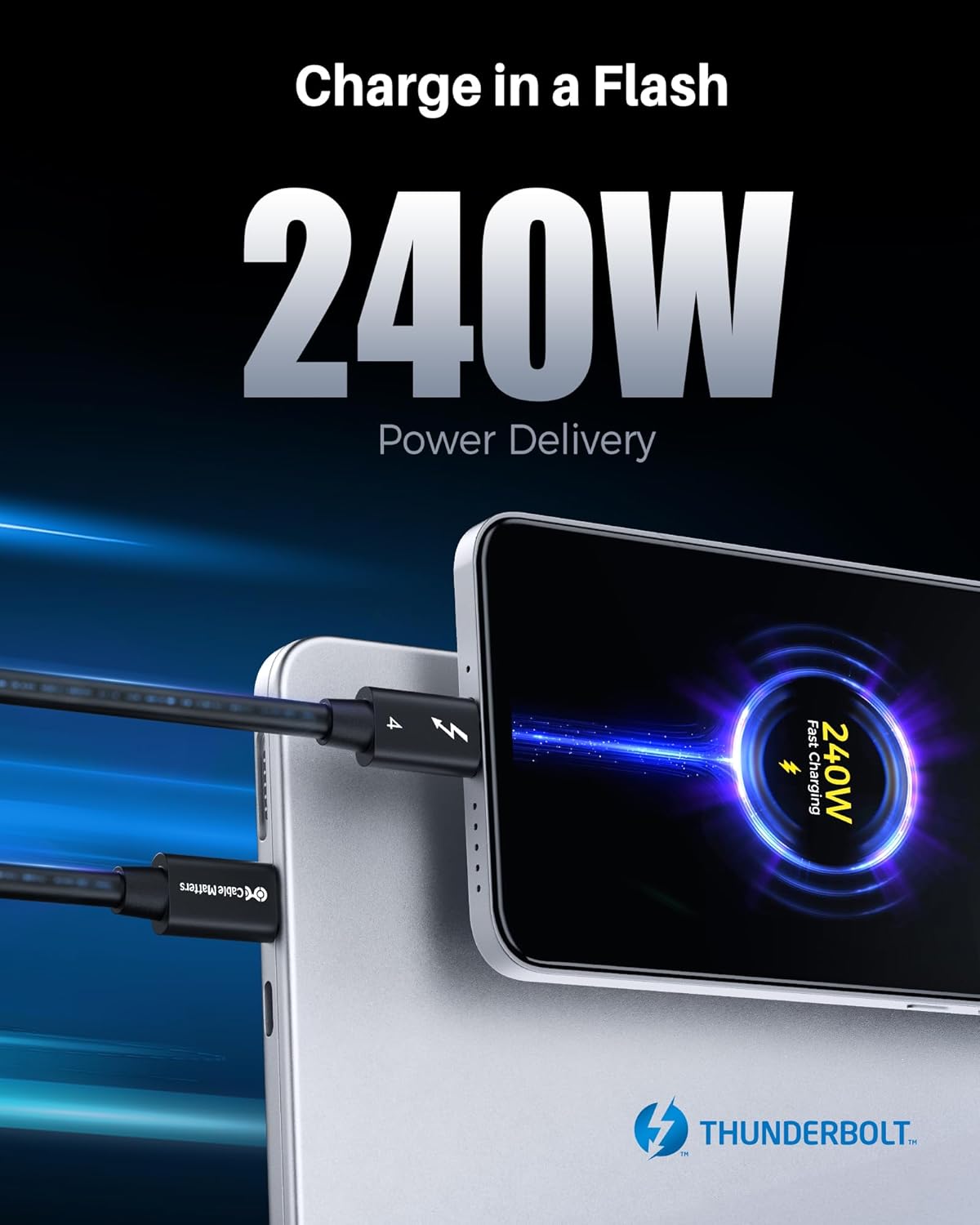 40Gbps 4 1ft 8K 240W 0.3m, USB4, 3 Cable Matters [Intel Certified] Thunderbolt Cable with Video and Charging