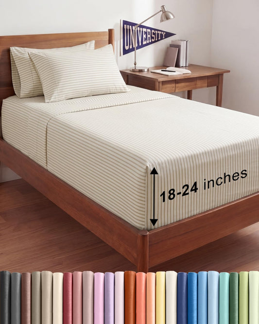 Skiennix Extra Deep Twin XL Sheet Set - 4-Piece Breathable Cooling Bedding - Soft Wrinkle-Free Beige Stripes