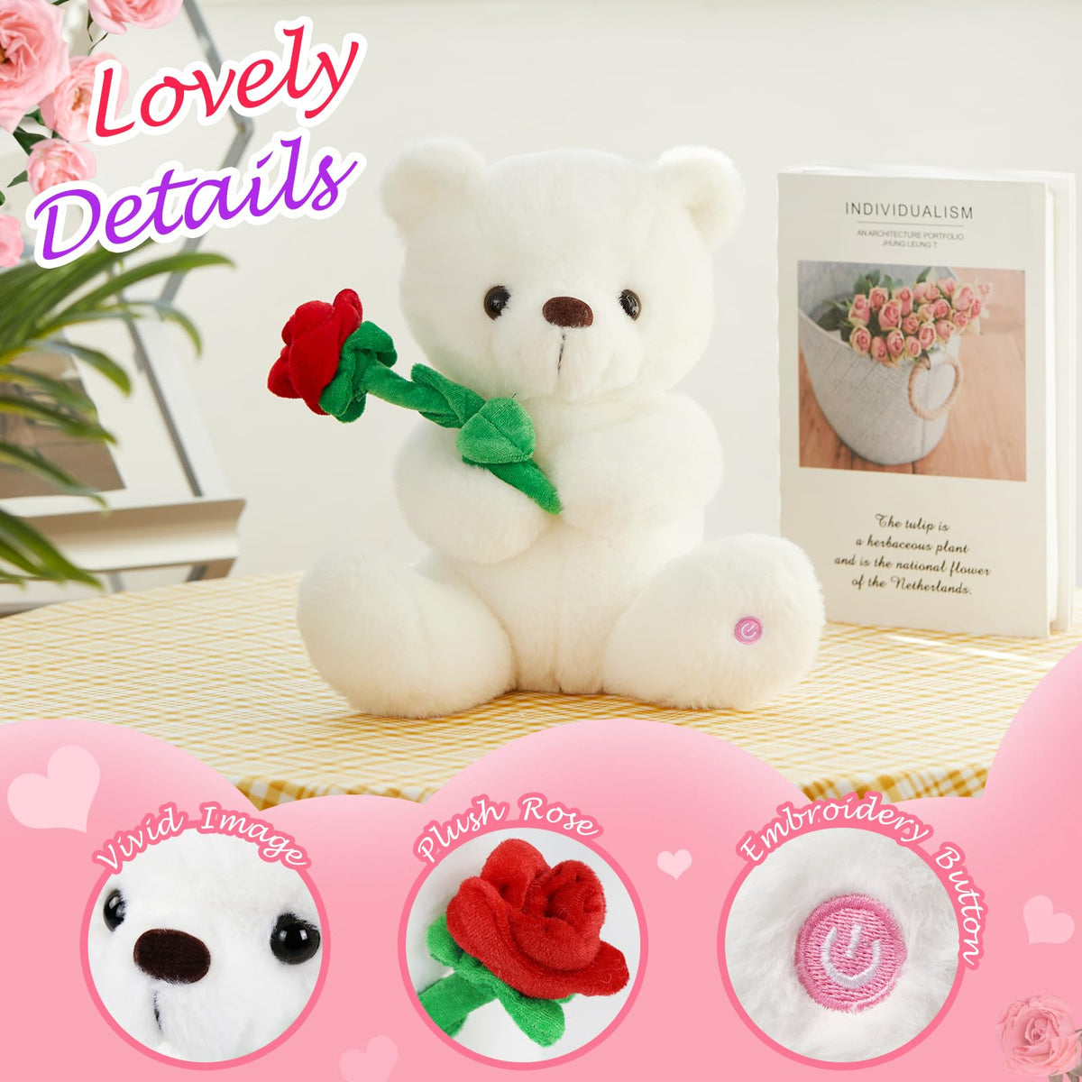 Houwsbaby Glow Teddy Bear with Rose White Bear Stuffed Animal Soft Light Up Plush Toy LED Night Lights Birthday Christmas for Kids Toddler Girlfriend,White,10.5''