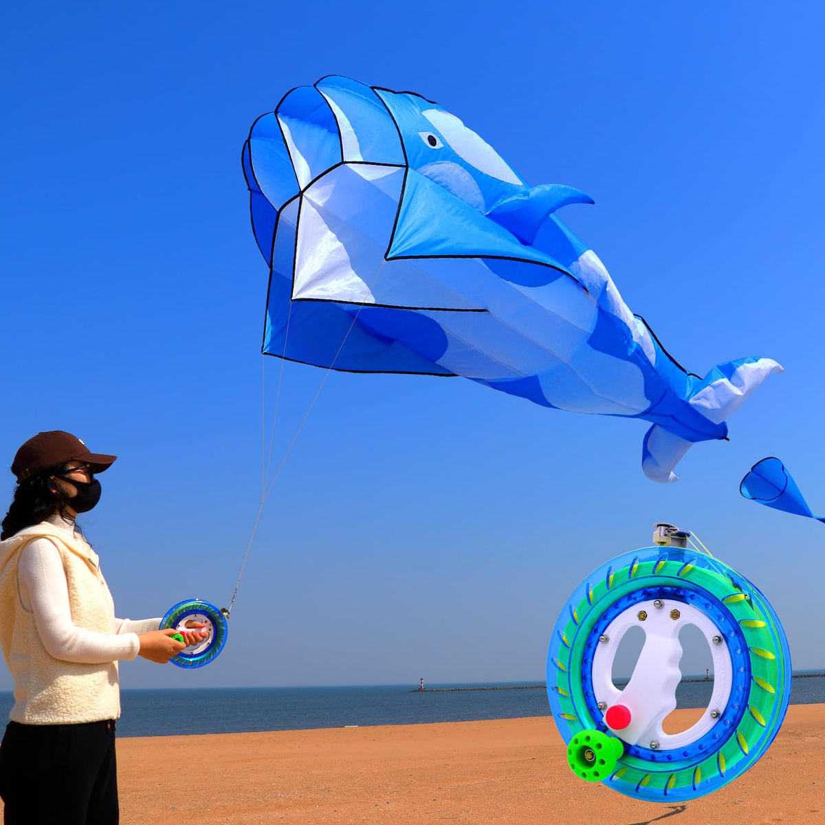 TianYueFly Blue 83" Huge 3D Orcas Kites for Adults & Kids with 8-inch Dia Kite Reel and Tail, Frameless Soft Whale, Giant Single-line Beach Kite for Adults and Teenagers