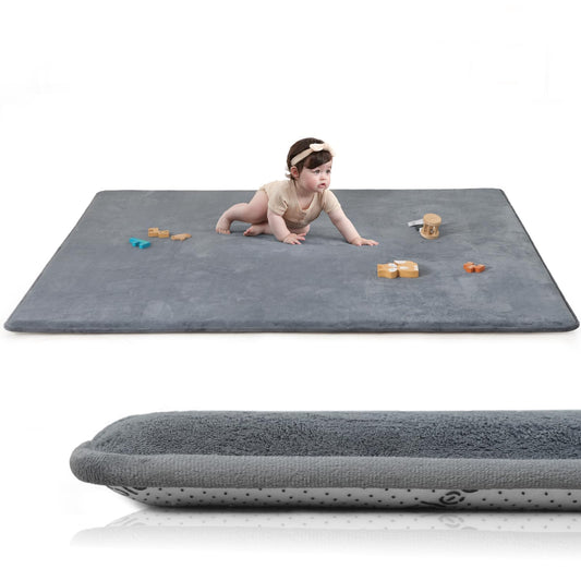 Huloo Sleep Baby Play Mat for Floor,1.3" Thick Elasti-Foam 74"×50" Playpen Mat, Non-Toxic Certified Water-Repellent Coral Velvet, Non-Slip Safe Crawling Mat for Tummy Time, Toddler & Infant (Dark Grey)