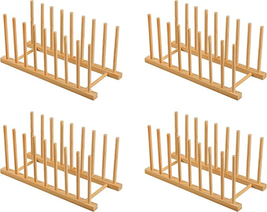 HBlife 4pcs Heighten and Widen Bamboo Dish Dying Rack Pot Lid Plate Organizer Holder for Cabinet, Cutting Board Stand Drainer Storage Plate Rack for Dish, Pot Lid, Bowl, Cup, Cutting Board and Books