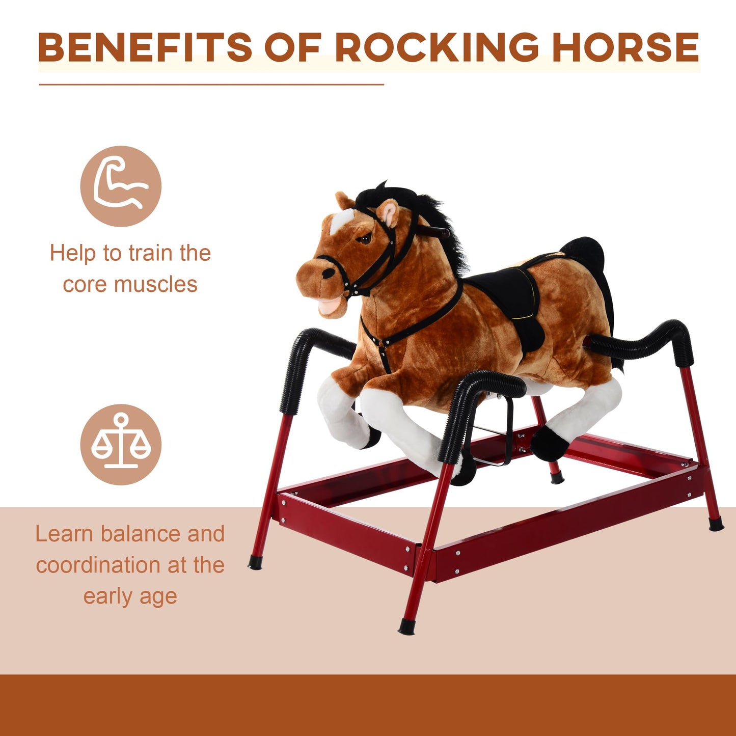 Qaba Durable Plush Toddlers Spring Rocking Horse, Bouncing Rocker Toy with Realistic Sounds