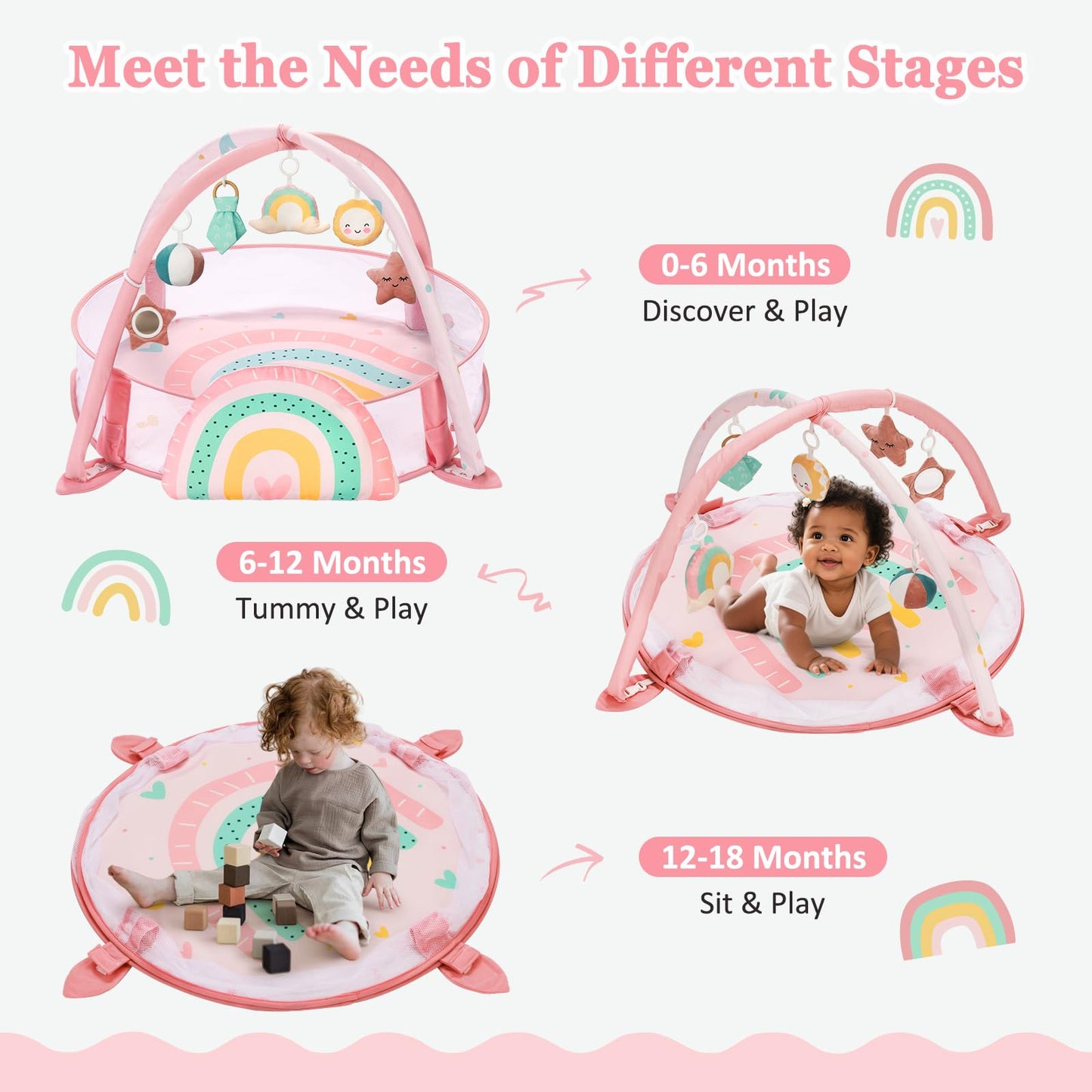 7-in-1 XL Large Baby Play Gym Mat, Tummy Time Mat, Baby Gym & Ball Pit, Baby Activity Mat with Milestone Cards & 6 Detachable Toys for Sensory Motor Skill, Rainbow
