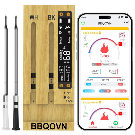 BBQOVN Wireless Meat Thermometer - Unlimited Range with 7 NIST Certified Sensors | Dual Probe Smart App for BBQ, Grill & Oven