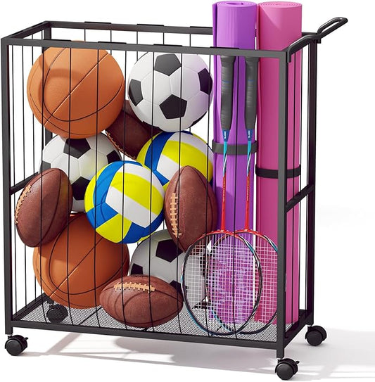 Ball Storage Bin Rolling Sports Ball Cart, Metal Garage Organizer Sport Rack, Ball Basket Storage, Ball Cage for Garage or Gym, Indoor & Outdoor Sports Equipment Organizer Black