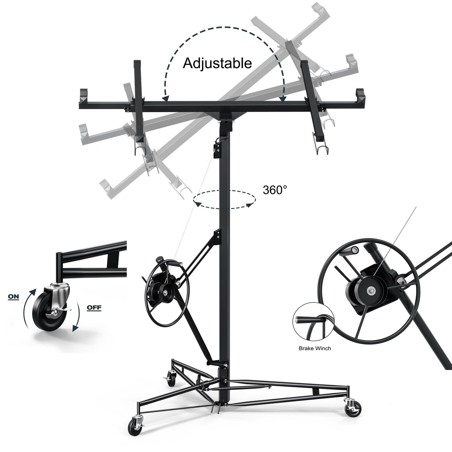 Drywall Lift 16 ft,Drywall Rolling Lifter Panel,150LBS Heavy Duty Sheetrock Lift,Drywall Lifter Panel Hoist Jack With 360° Adjustable Telescopic Arm & 3 Lockable Wheels