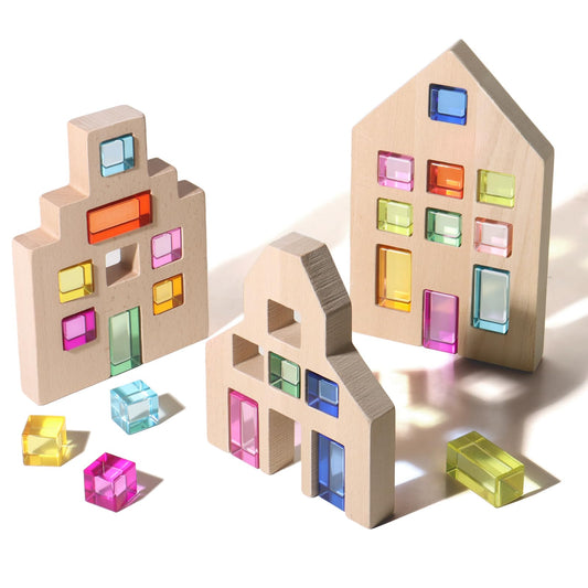 Dinhon 25 Pcs Acrylic Building Blocks with 3 Beech Wood Houses - 17 Cubes + 8 Long Blocks Rainbow Gem Set, Insert & Stack Sensory Toy for 1-5 Years Old Boys Girls, Creative Play Birthday Gift