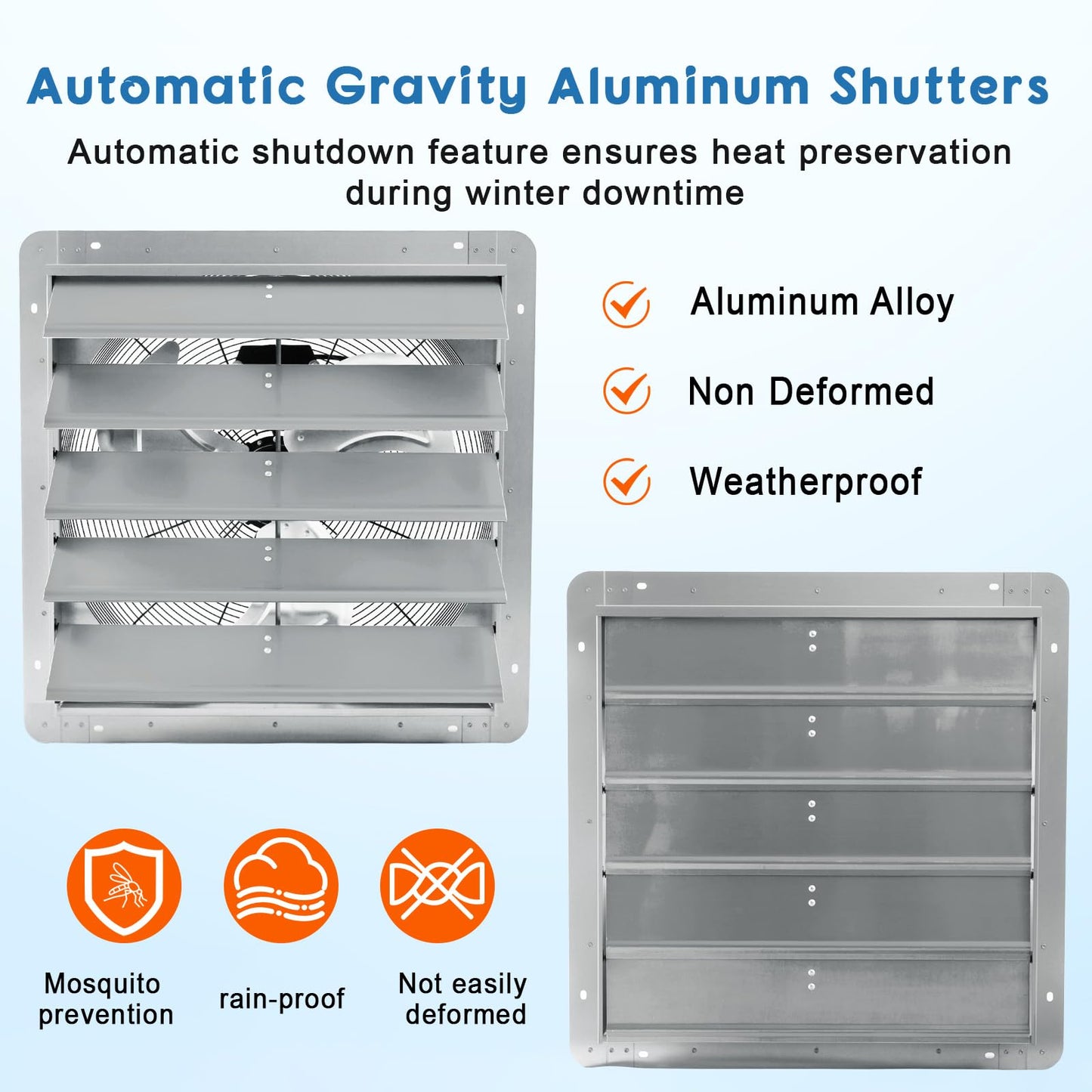 24" Wall Mounted Shutter Exhaust Fan, 3500 CFM High-Speed Ventilation, 1500 RPM Low-Noise, Aluminum Blades & Automatic Shutter for Attic, Garage, Greenhouse, Workshop & Louvered Vent Applications