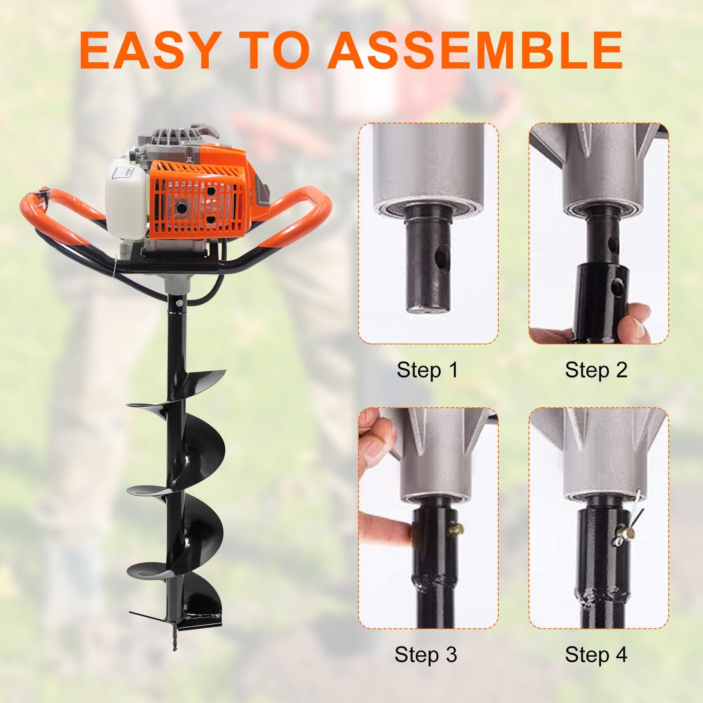 72CC Newly Upgraded Post Hole Digger Gas Powered, 2 Stroke Auger Post Hole Digger with 2 Drill Bits (6" & 8") + 1 Extension Rod for Planting - Ideal for Farm & Garden - Orange (72 CC)
