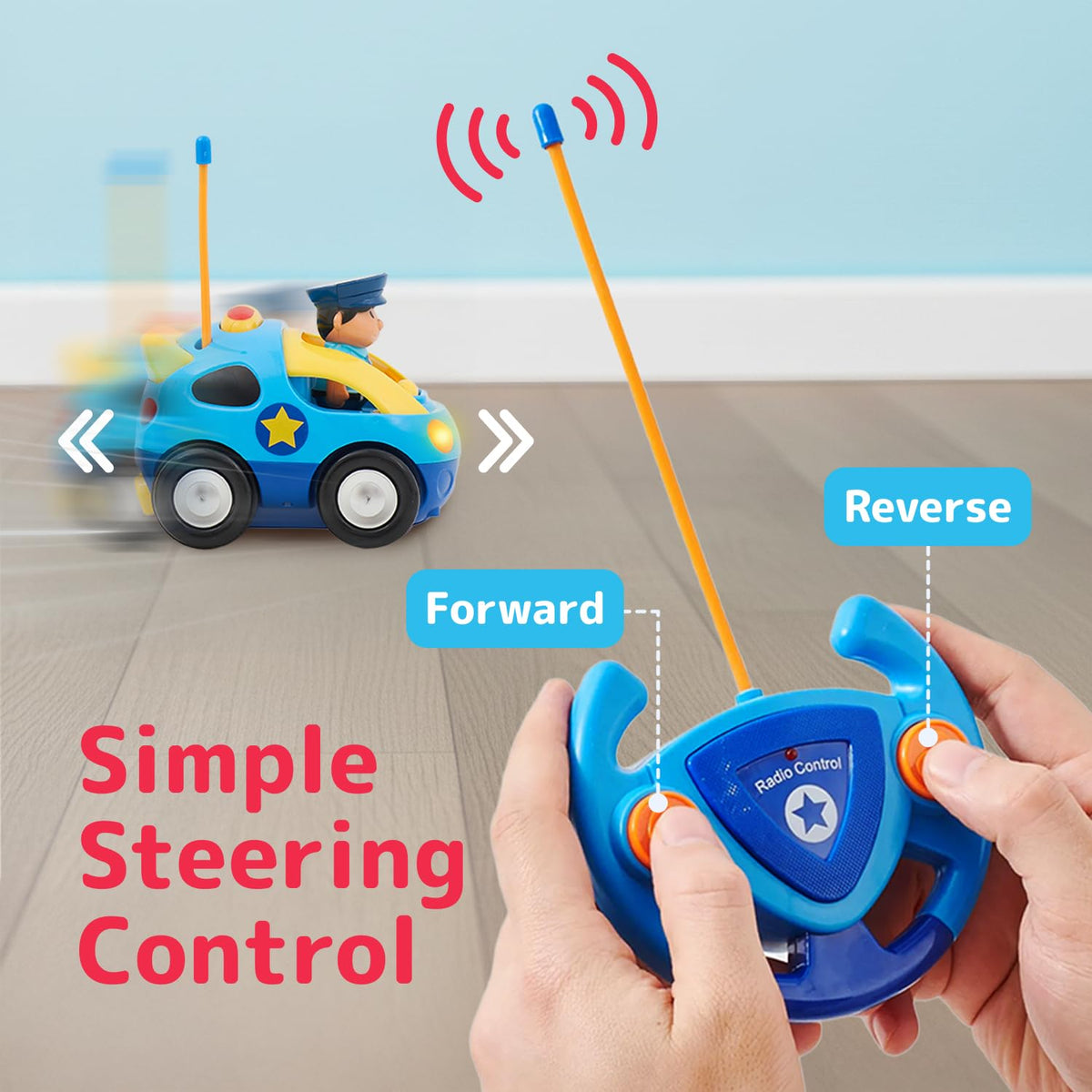 PREXTEX 2 Pack Cartoon Remote Control Cars for Toddlers - Police Car and Race Car with Steering Wheel Controllers and Lights - Different Frequencies Racing Together - Easter Toddler Gift 18+ Months