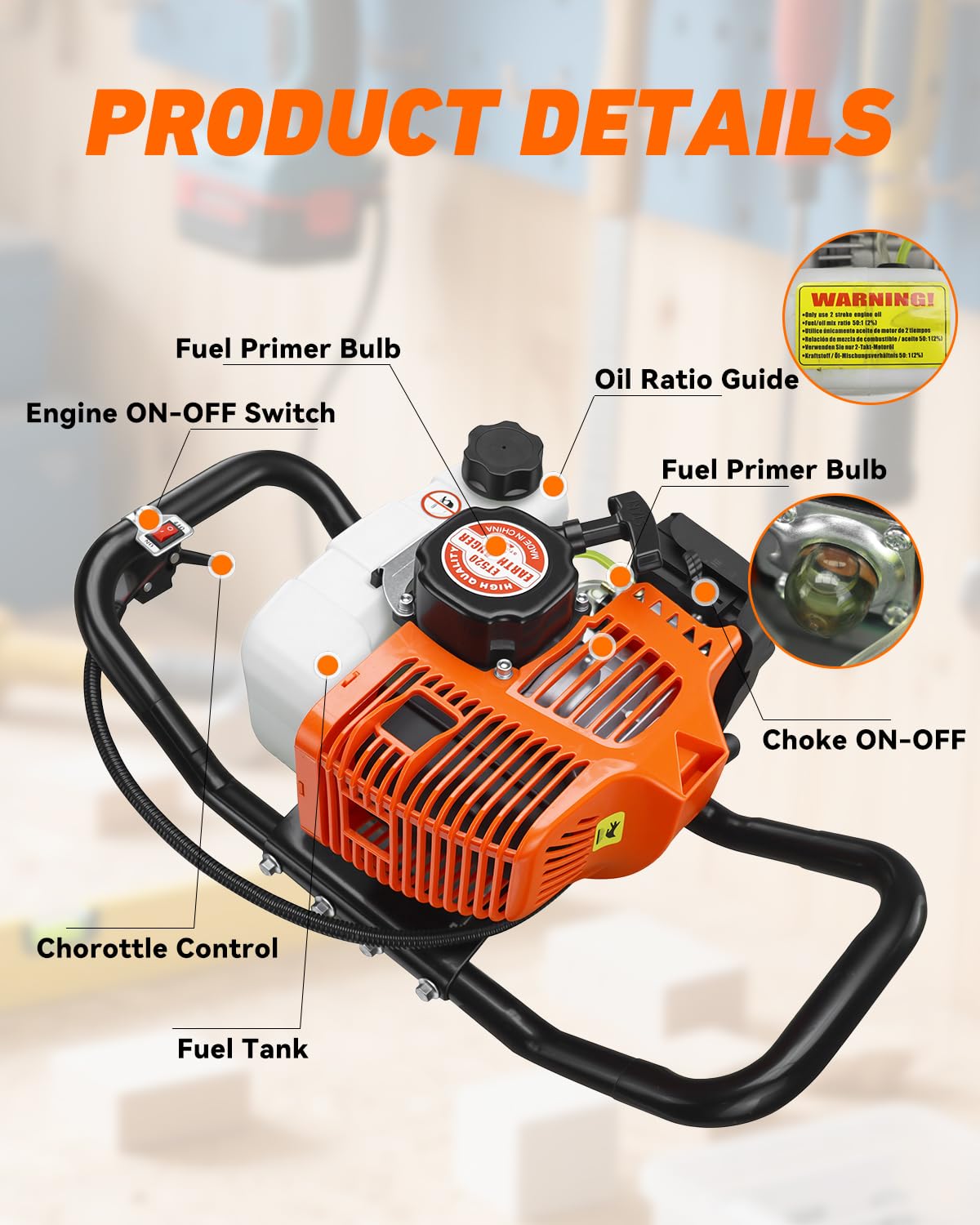 NEO-TEC 63CC Post Hole Digger Auger Drill Gas Powered 2-Stroke & 8" Drill Bits + 1 Extension Bar, Earth Auger Petrol Drill Borer for Garden Lawn Auger Drill Bit for Planting