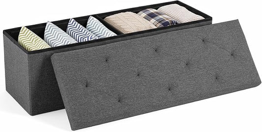 Sweetcrispy 43 Inch Folding Storage Ottoman Bench, Large Hidden Storage Chest with Padded Seat, Foot Rest Stool Supports Up to 660Lbs, End of Bed Bench for Bedroom, Living Room, Linen Fabric, Grey