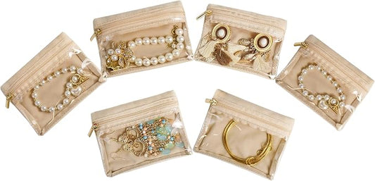6 Pcs Travel Jewelry Organizer, Velvet Mini Pouch with Clear Zipper Pocket, Lightweight Jewelry Storage Organizer for Rings Earrings Necklaces, Travling Gift for Women Girls (Beige)