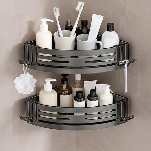 Conworld Corner Shower Caddy - Suction Cup Organizer for Bathrooms | No-Drill Aluminum Shelf (2-Pack, Gunmetal Gray)