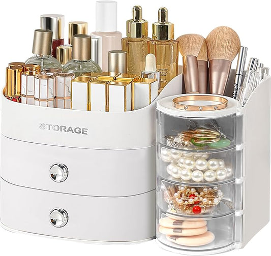Makeup Organizer Countertop with Drawers, Make up Organizers for Vanity, Skincare Jewelry Earring Organizers, Cosmetic Display Cases Makeup Storage for Bedroom & Bathroom, Ideal Gifts for Women(White)