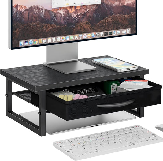 2-Tier Ekisemio Monitor Stand with Fabric Drawer Wood and Metal Computer Riser, Desk Organizer for Office, Black